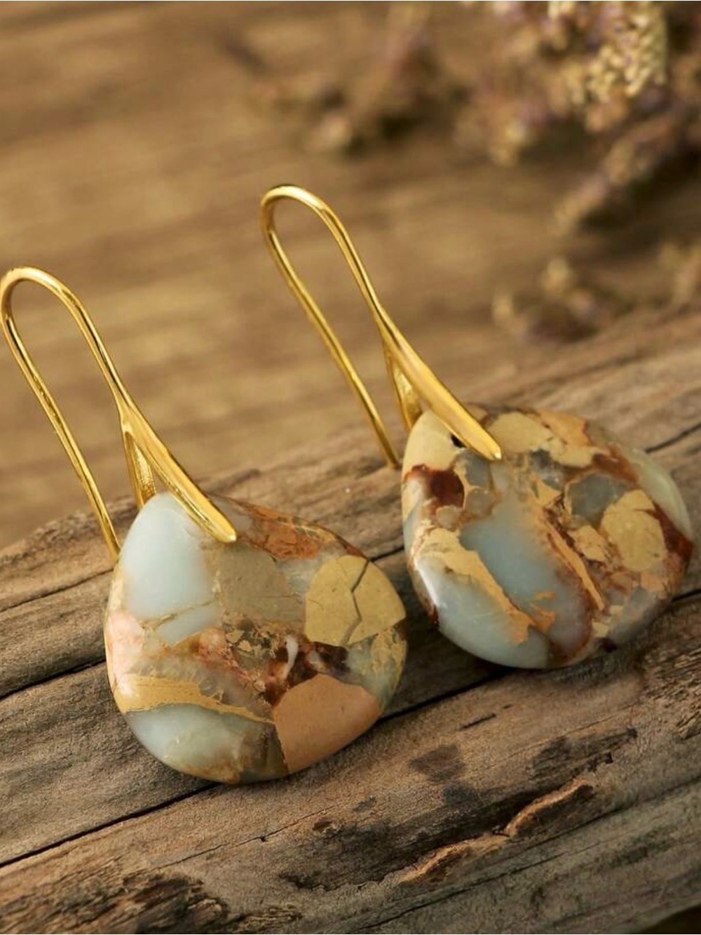 Gold-Tone Blue & Tan Natural Stone Drop Earrings - Picture 2 of 7